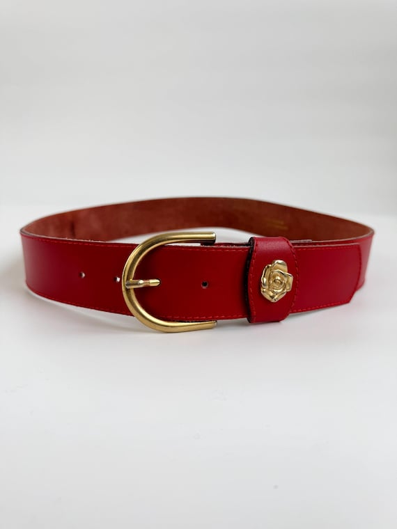 Vintage Red Leather Belt with Gold Rose Detail, Made in Italy Wide Waist Belt for Women, Retro 80s 90s Genuine Leather Statement Cinch Belt