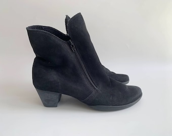 Französische Vintage Arche-Schuhe, Größe 37, UK 4, US 6, schwarze Leder-Stiefeletten für Damen, weiche Wildlederstiefel, gefütterte Winterstiefel mit niedrigem Absatz