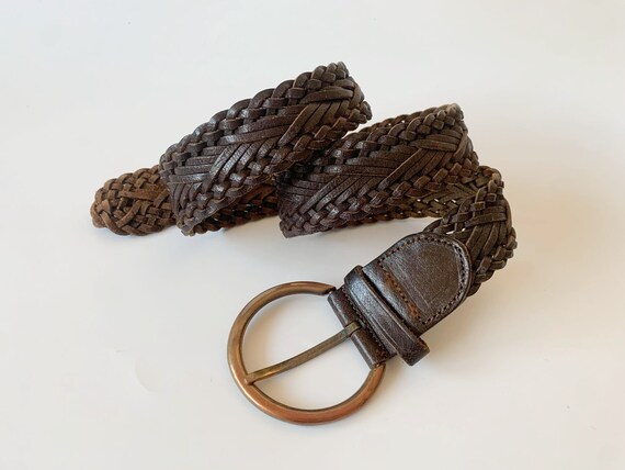 Vintage Brown Woven Leather Belt With Slim Bronze Tone O Ring Buckle 100 cm 39", Hippie Festival Braided Wide Waist Belt, Bohemian Hip Belt