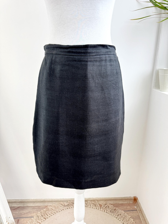 Vintage 90s Black Linen Mini Skirt, High Waist LUI & LEI Italian Flax Skirt, Minimalist Chic Short Pencil Skirt Size M, 100% Linen Clothing