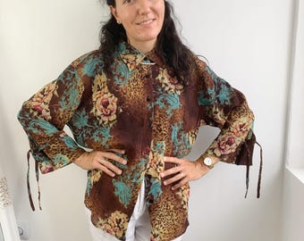 Vintage 90s Biaggini Abstract Art Blouse Women's Large L XL, Multicolored Floral Paisley Animal Print Button-Up Shirt, Y2K Cottagecore Top