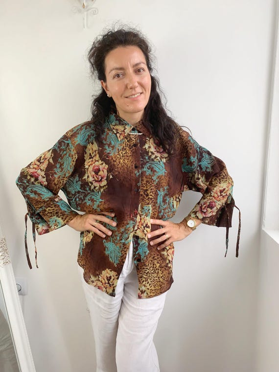 Vintage 90s Biaggini Abstract Art Blouse Women's Large L XL, Multicolored Floral Paisley Animal Print Button-Up Shirt, Y2K Cottagecore Top
