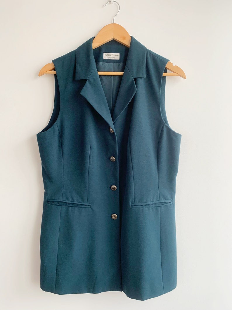 Veste blazer turquoise sans manches à col cranté bleu sarcelle pour femme taille M L, gilet de bureau élégant BCBG des années 90 image 2