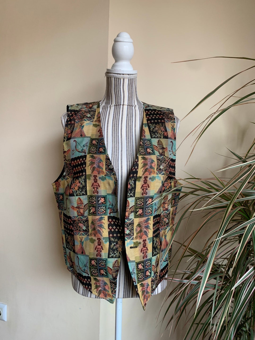 Vintage Grey Blue Black Aztec Wool Waistcoat S M