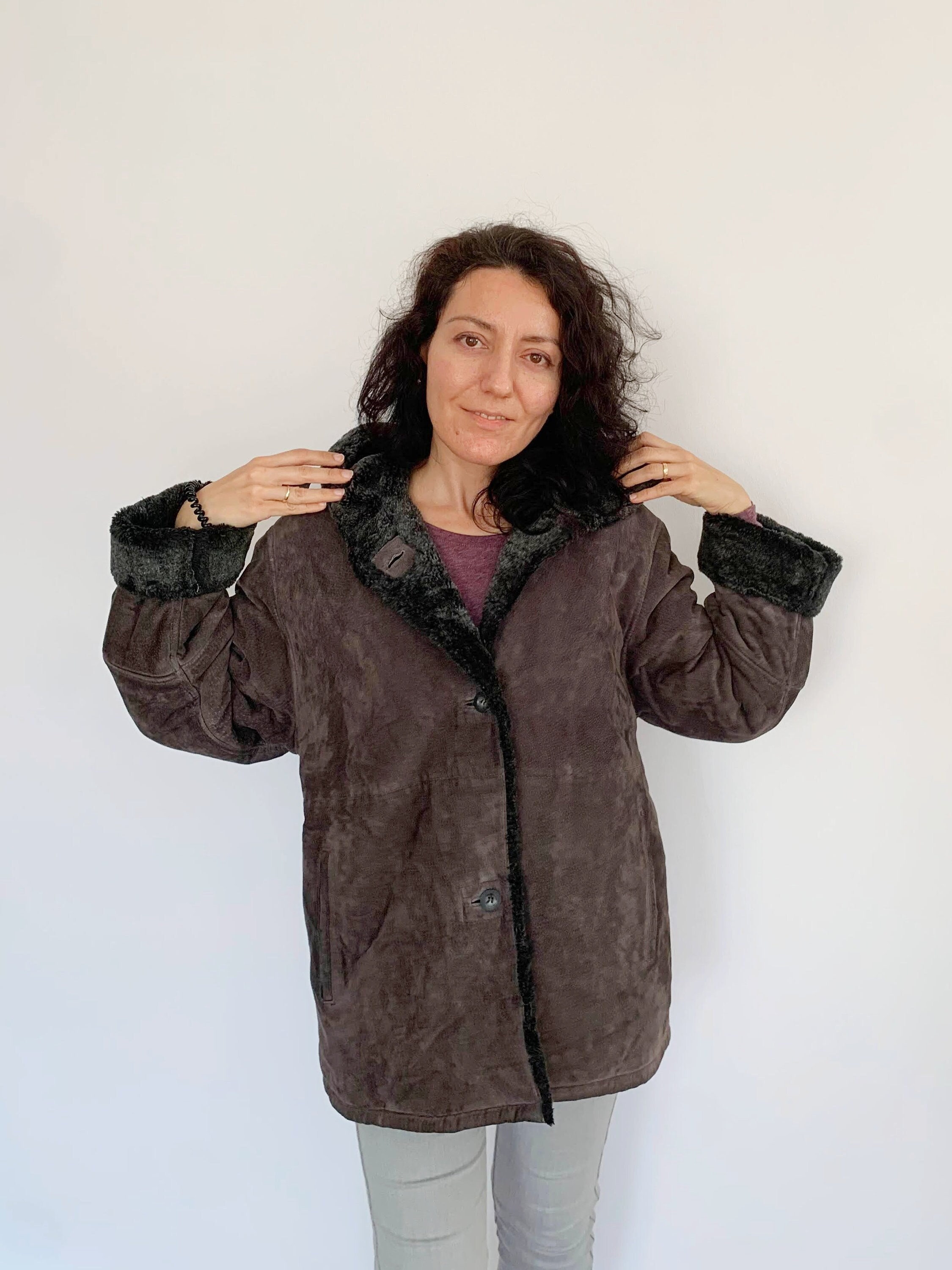 Vintage 90s Taupe Suede Jacket With Hood Size L, Hooded Suede