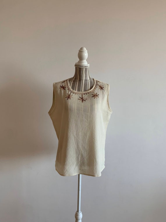 Semi Sheer Embroidery Tank Top Size XXL, Cream Beige Brown Crepe Gauze Top, Loose Fit Scoop Neck Sleeveless Top, Boho Hippie Summer Blouse,