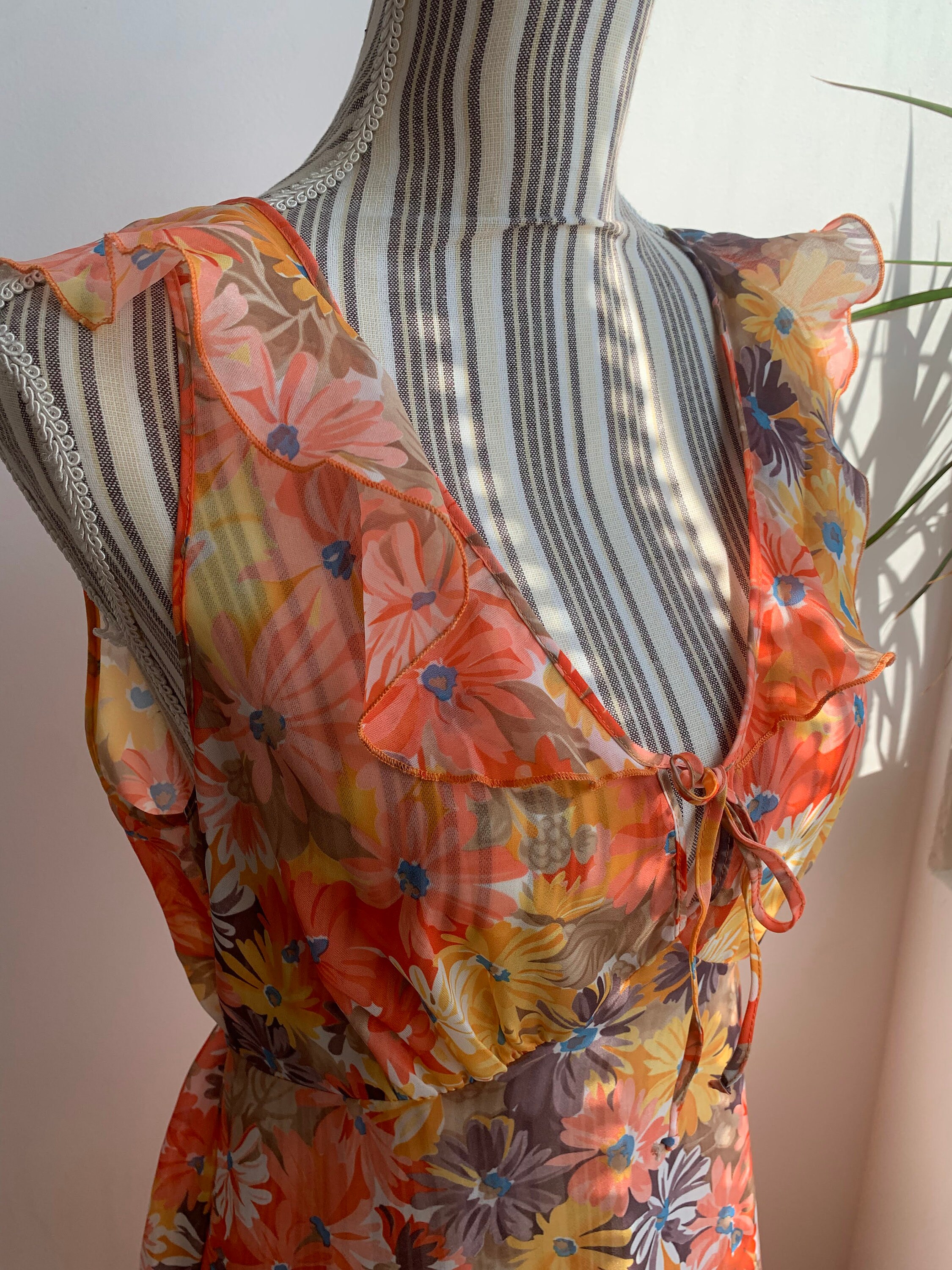 Vintage 70s Psychedelic Floral Maxi Dress, Sheer Long Vintage 70s Psychedelic Floral Maxi Dress, Sheer Long