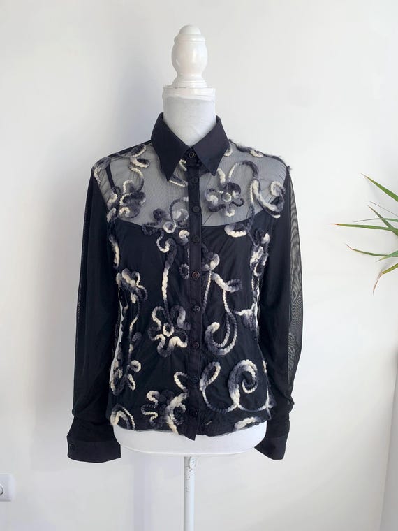 90s Y2K Antonelle French Vintage Black Mesh Blouse Women's Size L, Sheer Tulle Long Sleeve Collared Button Up Shirt, Textured Wool Flowers