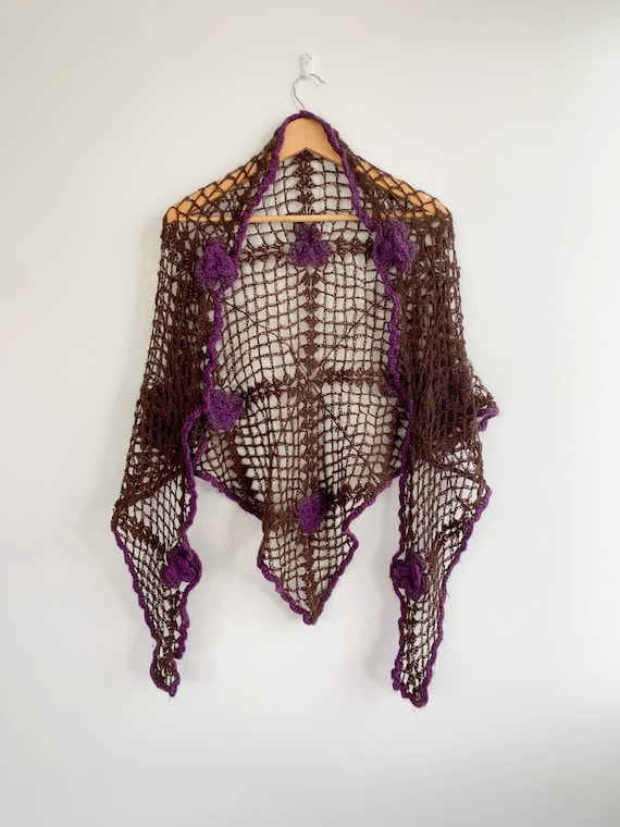 Romantic Brown Crochet Shawl with Purple Flowers, Bohemian Mohair Shawl, Gypsy Festival Lace Shawl, Boho Triangle Shawl, Soft Shawl Wrap
