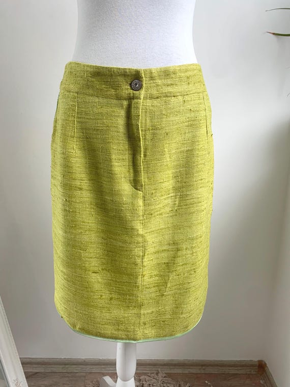 Vintage Eva & Claudi Lime Green Skirt, 100% Raw Silk Tweed Pencil Skirt, Lace Up Corset Back Detail, Retro Y2K Office Wear, Size EU 40 / M