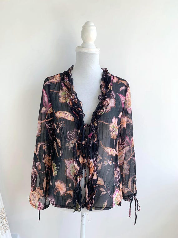 Vintage 90s Black Floral Chiffon Blouse, Ruffle V-Neck Sheer Top Tie Front Boho Blouse Y2K Floral Print Shirt Women's M Romantic Cottage Top