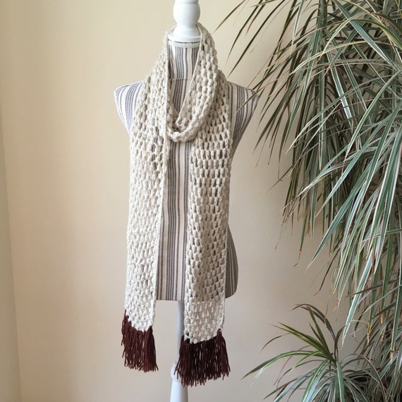 Cream Beige Long Skinny Crochet Scarf with Brown … - image 3