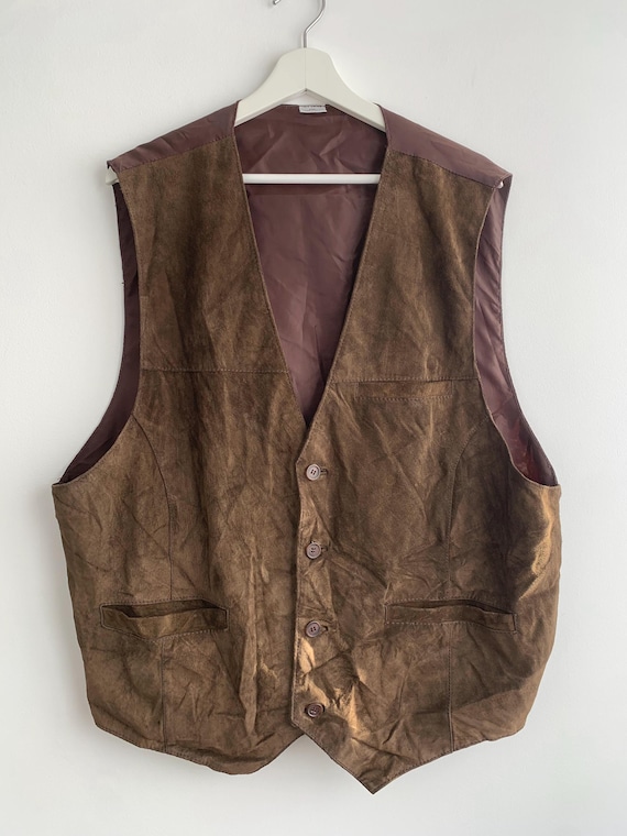 Vintage Brown Suede Leather Vest for Men Size XL, Soft Distressed Leather Vest, Biker Riding Motorcycle Vest, Rocker Waistcoat, Gift for Him