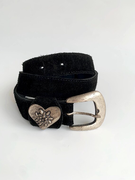 Oktoberfest Dirndl Belt for Women 80 cm/ 31.5", Austrian Tyrol Black Leather Belt, Edelweiss Boho Suede Belt, Suede Leather Slim Waist Belt