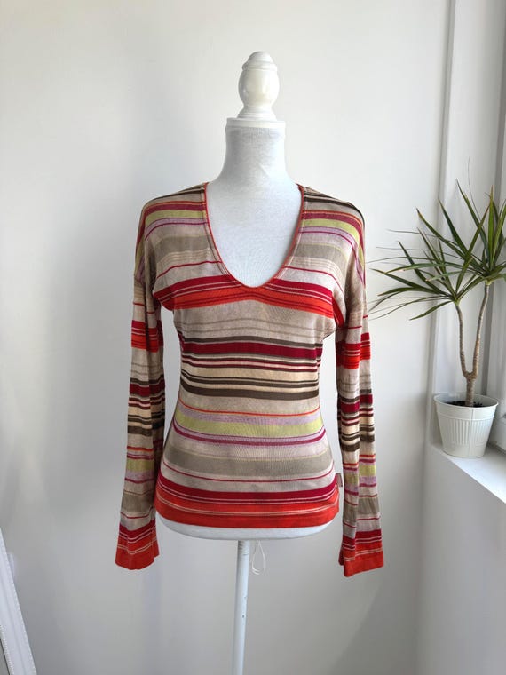 Vintage Trussardi Jeans Striped Knit Top, Y2K Aesthetic V-Neck Pullover, Designer Cotton Viscose Sweater, Retro Italian Knitwear Jumper
