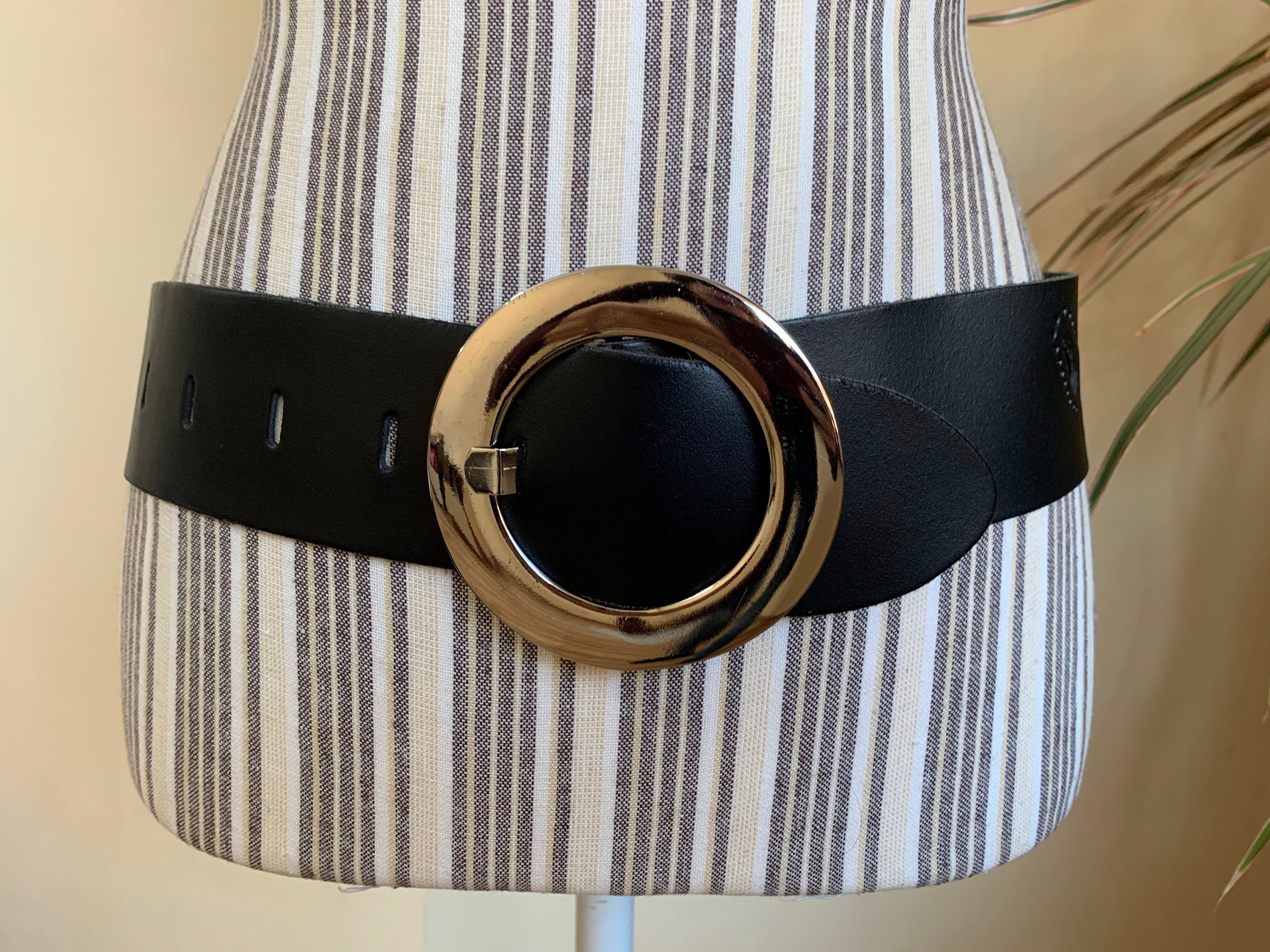 80s Black Leather Belt With Large Round Buckle, Paisley 80s Black Leather Belt With Large Round Buckle, Paisley