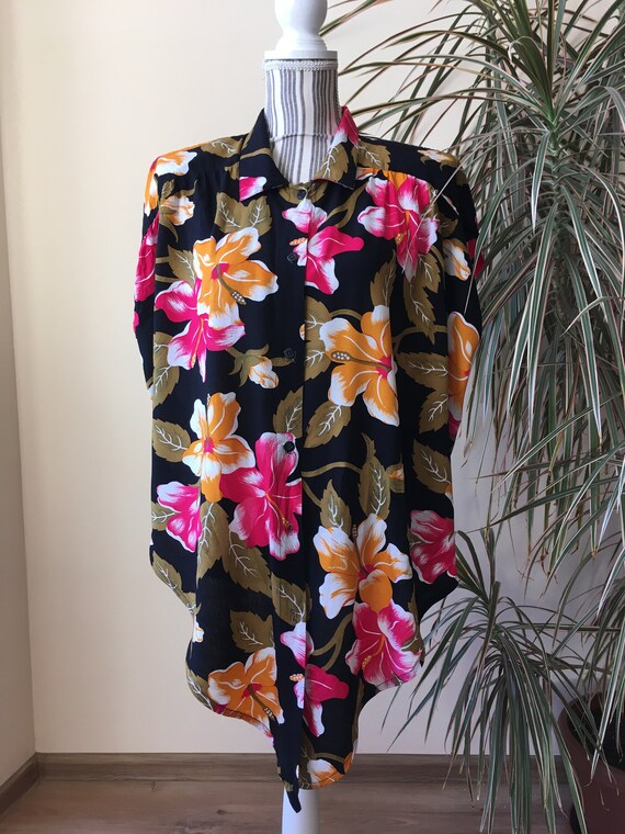 Vintage Button Down Floral Shoulder Pad Shirt, Tropical Tie Front Blouse, Hawaiian High Low Asymmetrical Women's Crop Top