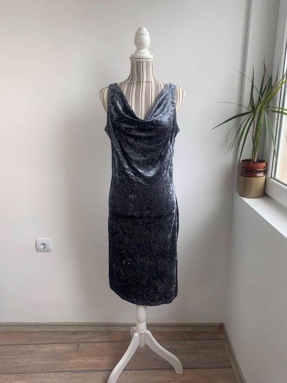 Vintage Silver Grey Velvet Dress Size M L, Sleeveless Plunge Neck Crushed Velvet Evening Gown, Side Slit Cocktail Party Stretchy Midi Dress