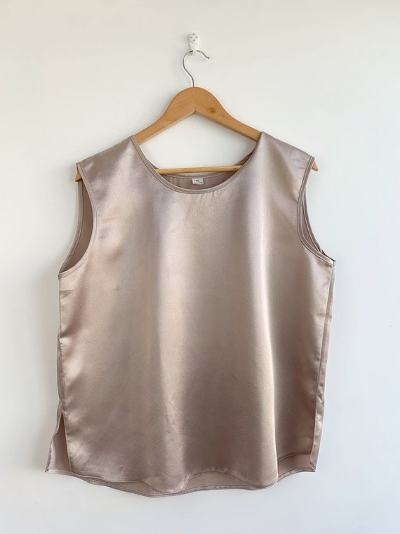 Champagne Silky Satin Top Size XL, Vintage Lingerie Cami Top, Cream Camisole, Scoop Neck Tank Top Vest, Plus Size Nude Beige Summer Shirt