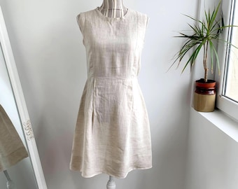 Vintage Handmade Cream Beige Linen Dress Size S, Simple Linen Summer Dress, Casual Everyday Linen Mini Dress, Unlined Basic Linen Sundress