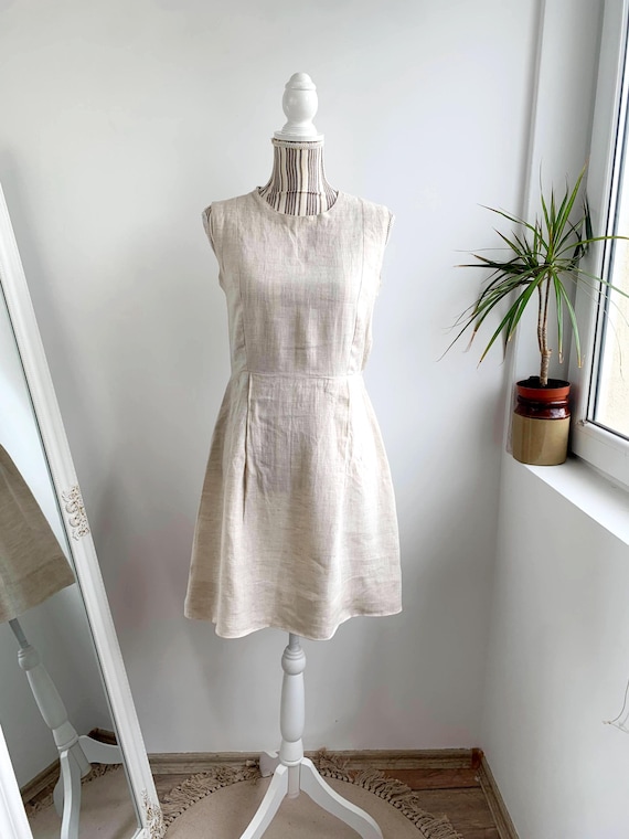Vintage Handmade Cream Beige Linen Dress Size S, Simple Linen Summer Dress, Casual Everyday Linen Mini Dress, Unlined Basic Linen Sundress