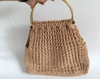 Vintage Sisal Basket Bag, Boho Summer Purse, 70s Crochet Straw Bag, Gold  Metal Handles Hippie Purse, Tan Beige Wicker Purse, Beach Handbag