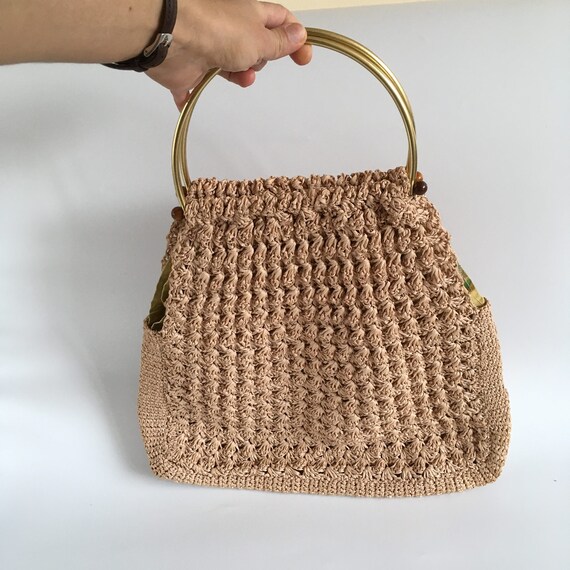 Vintage Sisal Basket Bag, Boho Summer Purse, 70s Crochet Straw Bag, Gold Metal Handles Hippie Purse, Tan Beige Wicker Purse, Beach Handbag