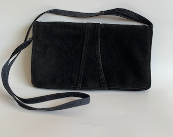 Slim Envelope Clutch Purse, Black Suede Leather Bag, Genuine Leather Shoulder Purse, Vintage 80s Distressed Handbag, Retro Clutch Wallet