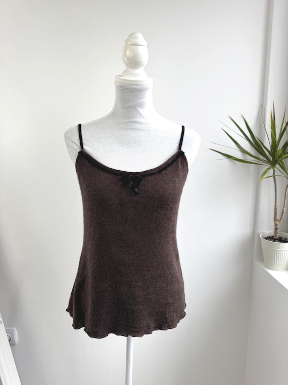 Vintage Italian Mohair Knit Camisole Top Size M, Taupe Brown Cami, Grunge Knitted Tank Top, Y2K Coquette Aesthetic Sleeveless Sweater