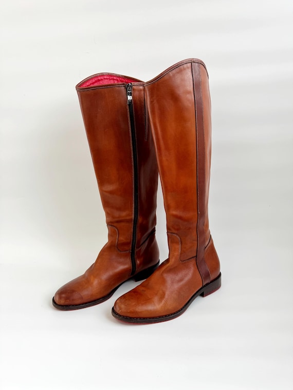 Gianfranco Lattanzi Tall Riding Boots, Vintage Italian Brown Leather Knee High Boots, Designer Equestrian Boots Size EU 37.5 US 7 UK 4.5