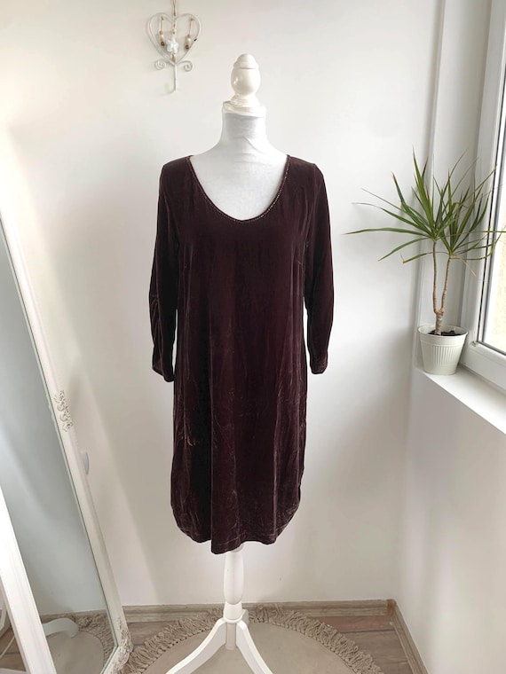 Vintage Silk Blend Velvet Grunge Dress Size EU 38 M, Brown Pullover Midi Dress, 3/4 Sleeve Relaxed Fit Dress, Loose Fitting Minimalist Gown
