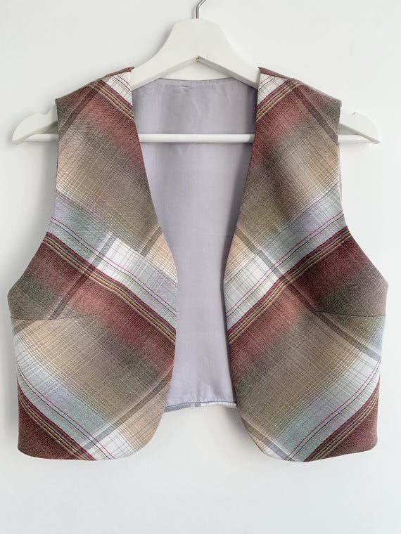Vintage Mod Vest for Women Size S, Cropped Waistcoat, Short Vest Top, Mid Century Vest Coat, Checkered Sleeveless Blazer, Open Front Jacket