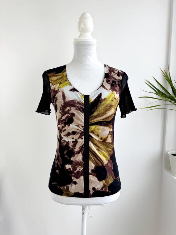 Vintage BiBA Germany Abstract Mesh Top XS, Y2K Sheer Floral Print Blouse, Bohemian Lettuce Edge Mesh Tee, Designer Fashion 90s Aesthetic