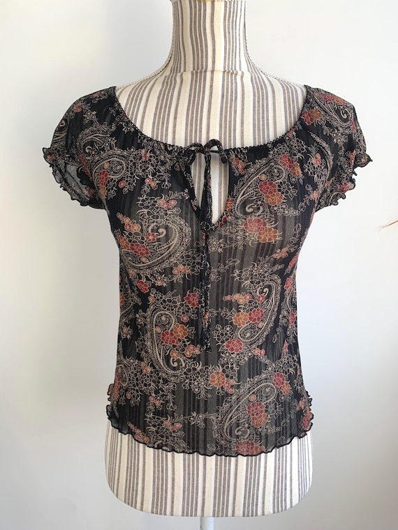 Vintage 90s Black Sheer Tulle Shirt Size S, Tie Neck Stretchy Mesh Blouse, Fitted See Through Cropped Top, Paisley Floral Boho Grunge Tee