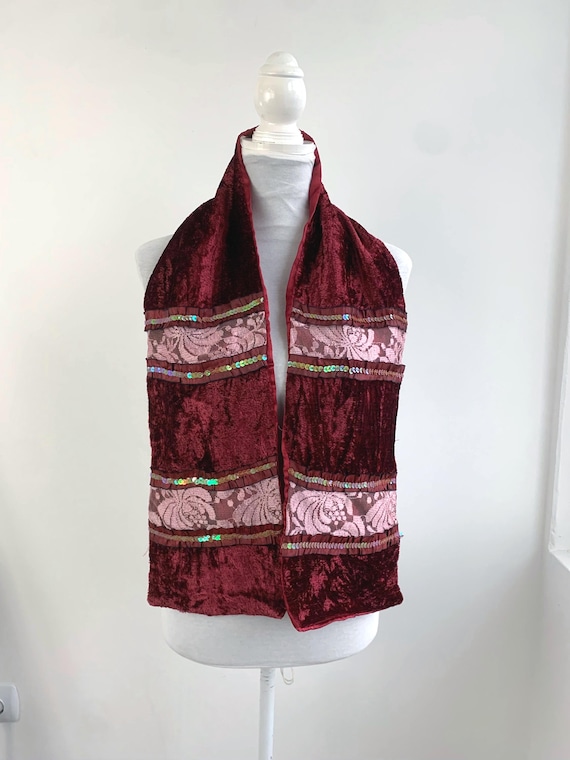 Vintage Red Velvet Scarf, 90s Y2K Sequin Stole, Boho Evening Wrap, Luxurious Burgundy Lace Scarf, Grunge Glam Accessory, Festival Shawl