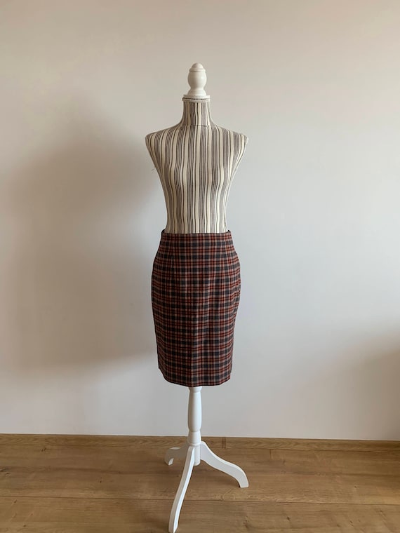 Vintage Plaid Pencil Skirt Size 38 M, Women's Tartan Skirt, Stretch Bodycon Skirt, Checkered Skirt in Grey Burgundy Brown and Orange