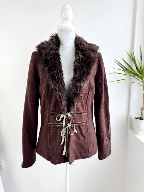 Y2K Brown 100% Wool Sweater Blazer for Women, Boiled Wool Cropped Coat, Vintage Tweed Boucle Sports Coat, Faux Fur Collar Tie Blazer Jacket