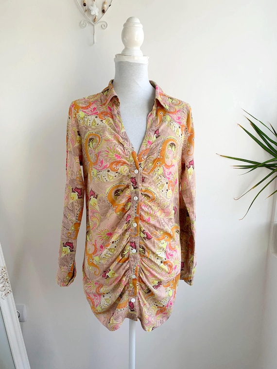 Vintage St-Martins Psychedelic Paisley Print Blouse Size L, 70s Style Beige Pink Y2K Top, Boho Hippie Collared Button Up Shirt 100% Cotton