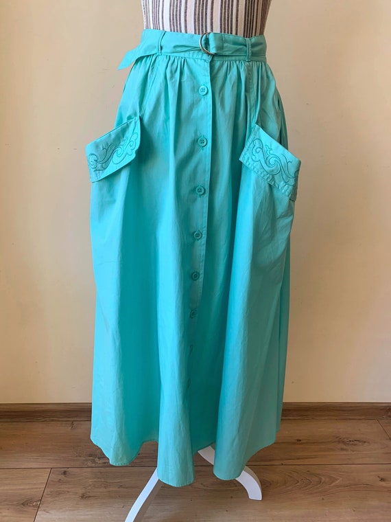 Vintage Button Up Midi Skirt Size S, 50s Style Aquamarine A Line Maxi Skirt, Pin Up Swing Long Pleated Skirt Skirt With Embroidered Pockets