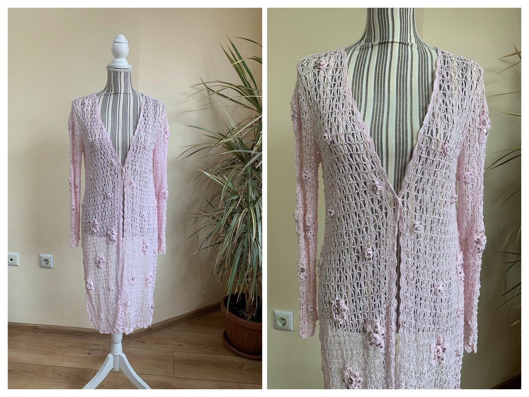 Vintage Light Pink Crochet Cardigan, Asymmetrical Long Sleeve Cardigan