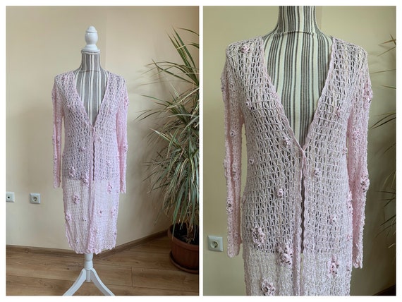 Vintage Light Pink Crochet Cardigan, Asymmetrical… - image 1