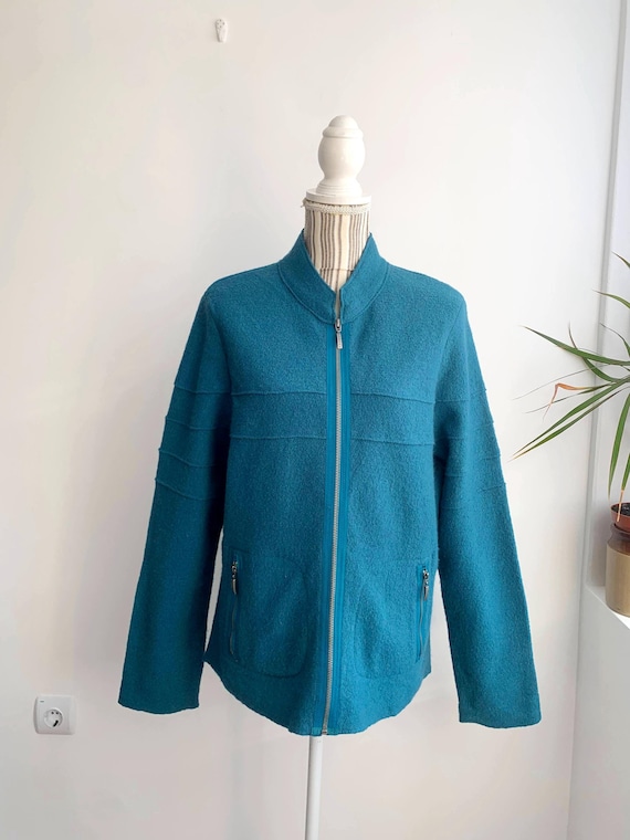 Vintage Pure Wool Jacket Women's Size L XL, Jensen Women Zip Up Boiled Wool Blazer, Turquoise Short Autumn Coat, Y2K Warm Cozy Wool Cardigan