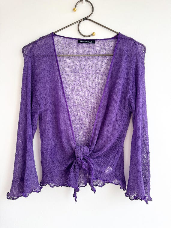 Vintage Purple Sheer Knit Cardigan, Tie Front Knitted Shrug Mesh Crochet Style Bolero, Boho Fairycore 90s Y2K Summer Lightweight Sweater Top