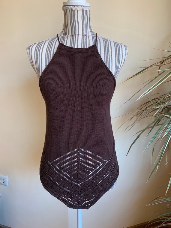 Vintage Knit Halter Top, Bohemian Sleeveless Sweater, Beach Blouse, Boho Chic Tank Top, Lace Tunic, Summer Vest for Women, Knitted T Shirt
