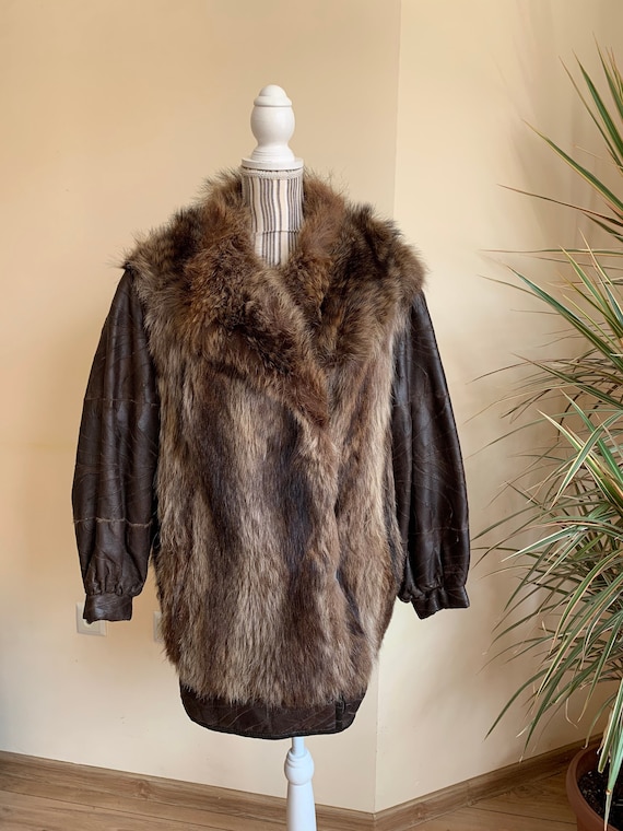 Vintage 80s Fox Fur Coat for Women, Winter Brown Leather Jacket, Warm Genuine Leather Midi Coat, Cozy Oversized Bat Sleeve Jacket Size M