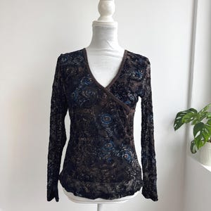 Vintage Y2K Burnout sammetstopp, Devore paisleyfärgad, transparent meshtopp, brunblå Whimsigoth crossover-topp med v-ringning och stretch, Carla F, damstorlek M/L