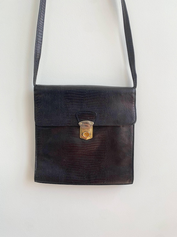Vintage 80s Genuine Leather Small Crossbody Bag, Reptile Embossed Black Cross Body Handbag, Mini Messenger Purse, Retro Shoulder Satchel