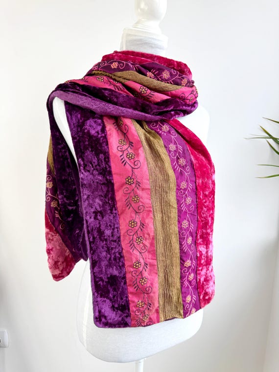 Boho Velvet Patchwork Scarf, Embroidered Floral Silk Mix Shawl, Luxury Pink Purple Gold Evening Wrap, Vintage Romantic Bohemian Accessory