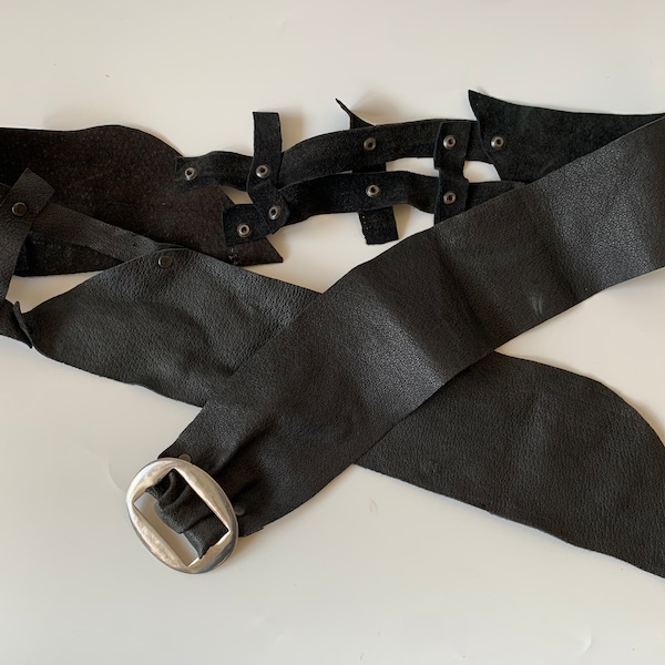 Black Super Soft Leather Waist Belt for Women, Vintage Handmade Wide Hip Belt, Asymmetrical Tribal Fusion Belt, Large Adjustable Obi Belt
