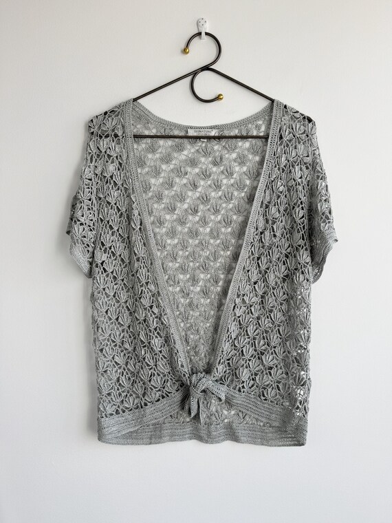 Vintage Silver Metallic Crochet Cardigan Women XL, Tie Front Lace Knit Top, Short Sleeve Open Front Shimmer Cardigan, Boho Beach Cover Up